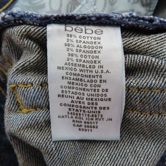 Bebe Womens 27 Gold Silver Thread Embroidered Dark Blue Denim Jeans Flare Y2K - Picture 10 of 13